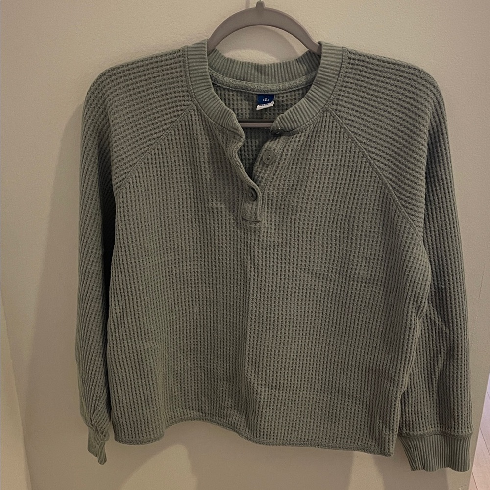Green Waffle Knit Henley Sweater